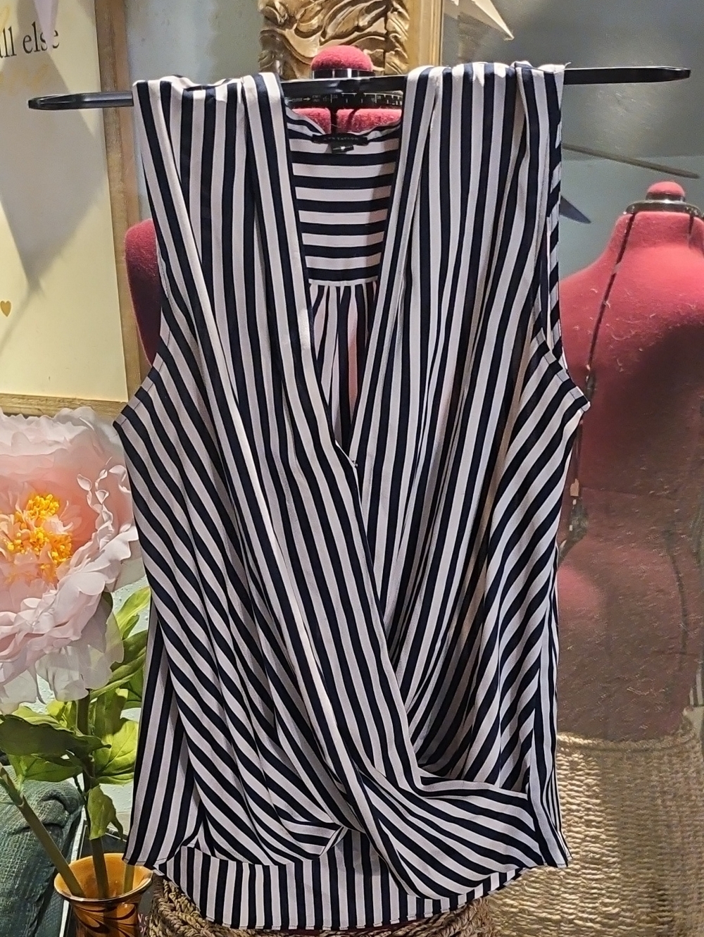 Ann Taylor Sleeveless Black and White Striped Wrap-Front Top
